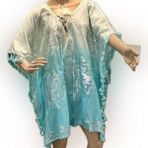 Turquoise hombre print retro caftan bathing suit cover-up